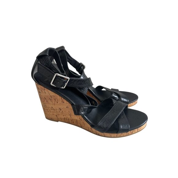 COLE HAAN Black Leather Cork Wedges Size 11 - Picture 2 of 12